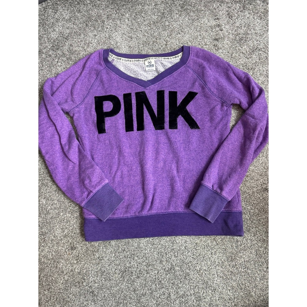 PINK Victoria's Secret Purple V-Neck Pullover Sweatshirt Velvet Logo Small